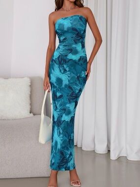 NWT Elegant Strapless Teal Floral Maxi Dress size Small